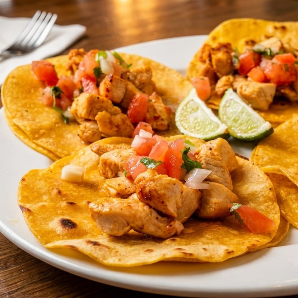 Three chicken tacos with pico de gallo and lime wedges on a white plate.