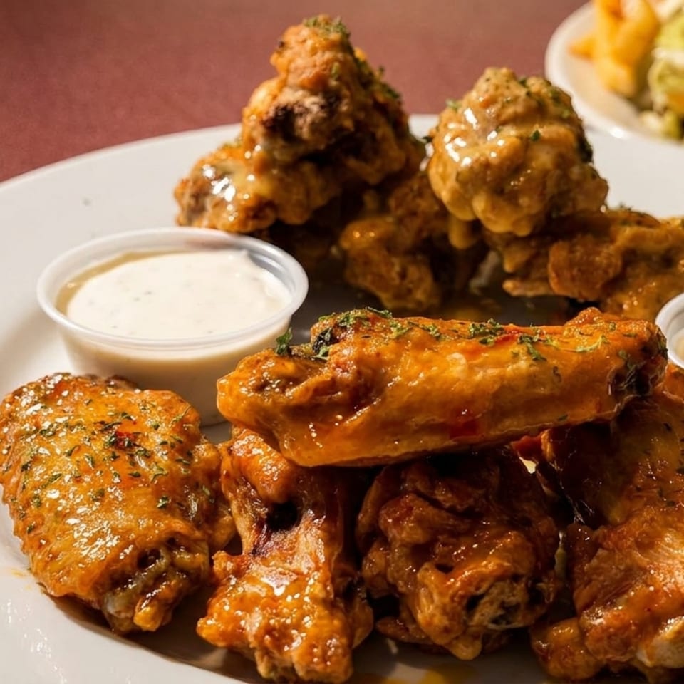 A plate of golden-brown chicken wings, some with sauce and herbs, next to a cup of ranch dressing.