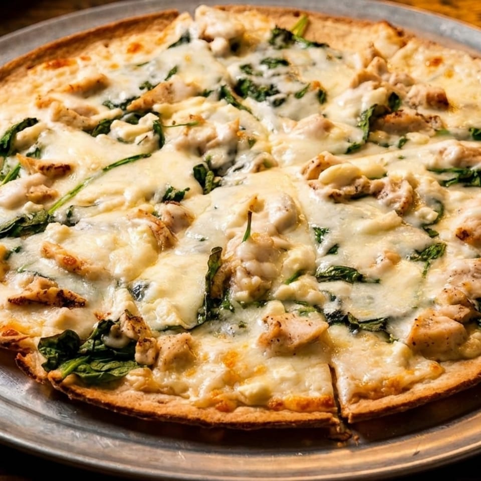 A freshly baked chicken and spinach pizza, generously topped with melted cheese and sliced into wedges.