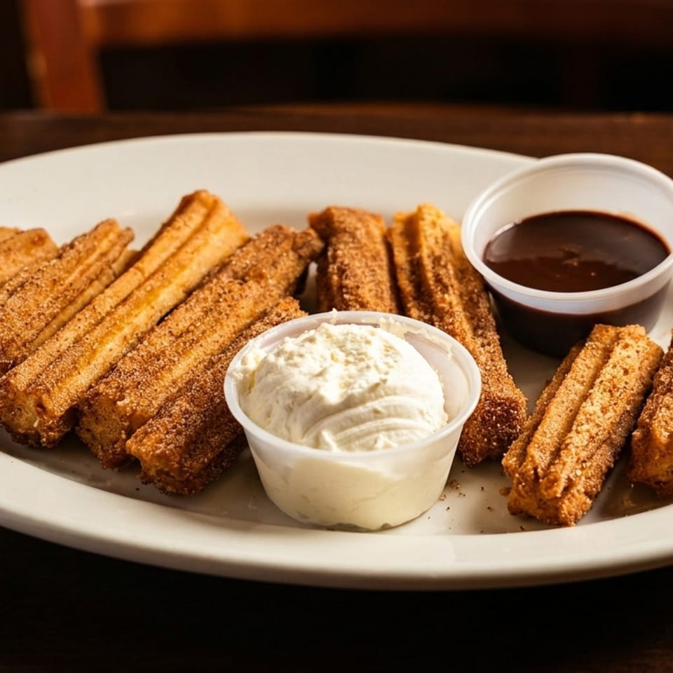 A plate of churros dusted with cinnamon sugar, served with chocolate and cream dipping sauces.