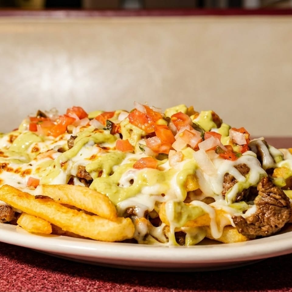 A plate of carne asada fries topped with melted cheese, guacamole, and pico de gallo.