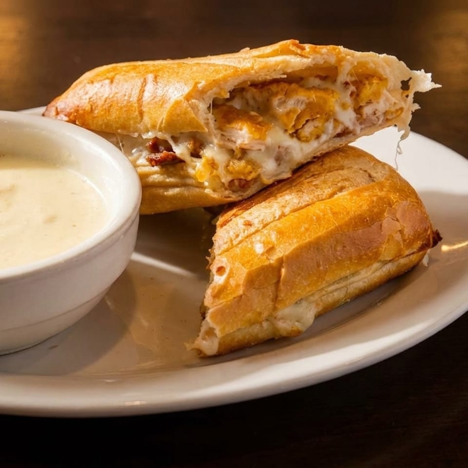 A buffalo chicken cheesesteak sandwich, cut in half, with a side of creamy soup.